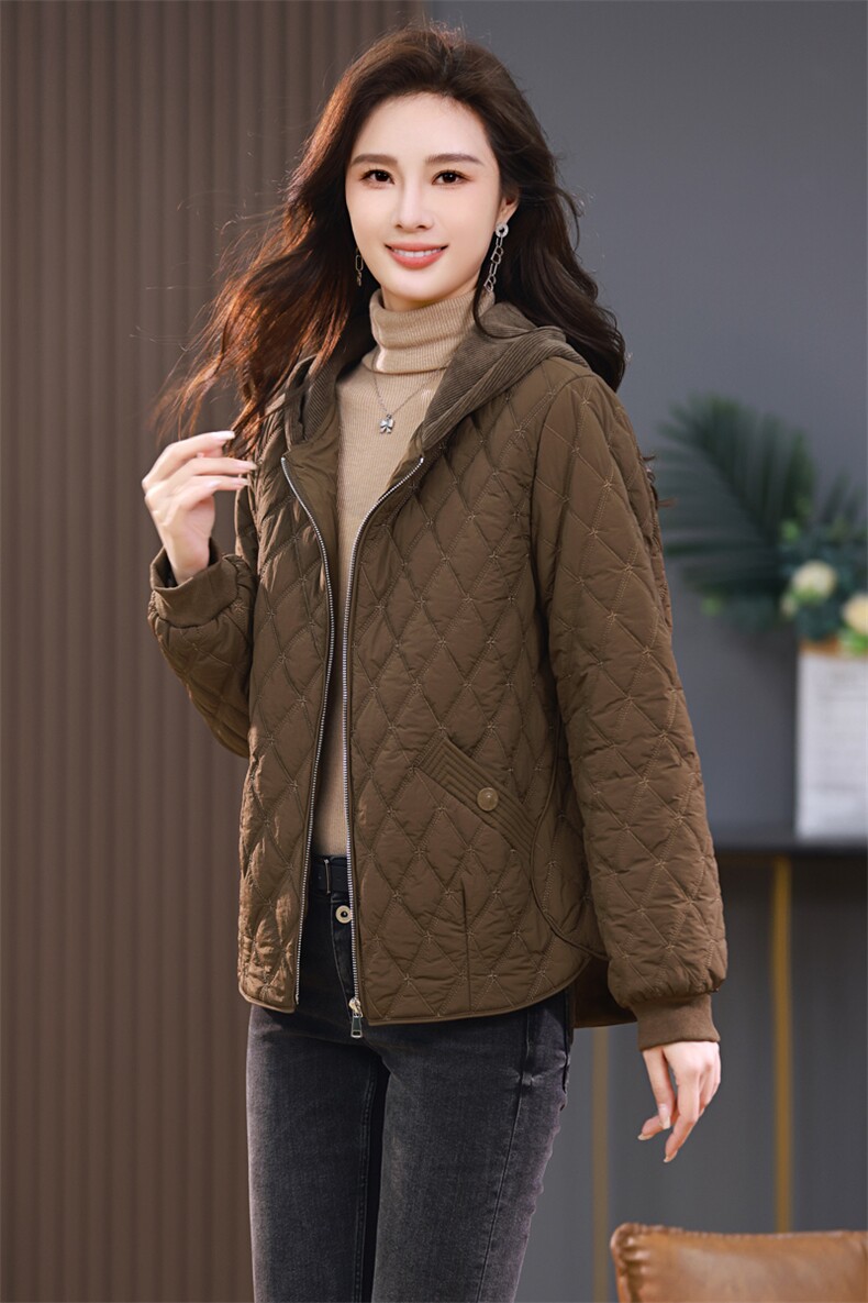 轻薄羽绒棉服女短款2024春秋新款宽松休闲时尚菱格夹棉连帽外套,女装棉衣/棉服,简韵佳