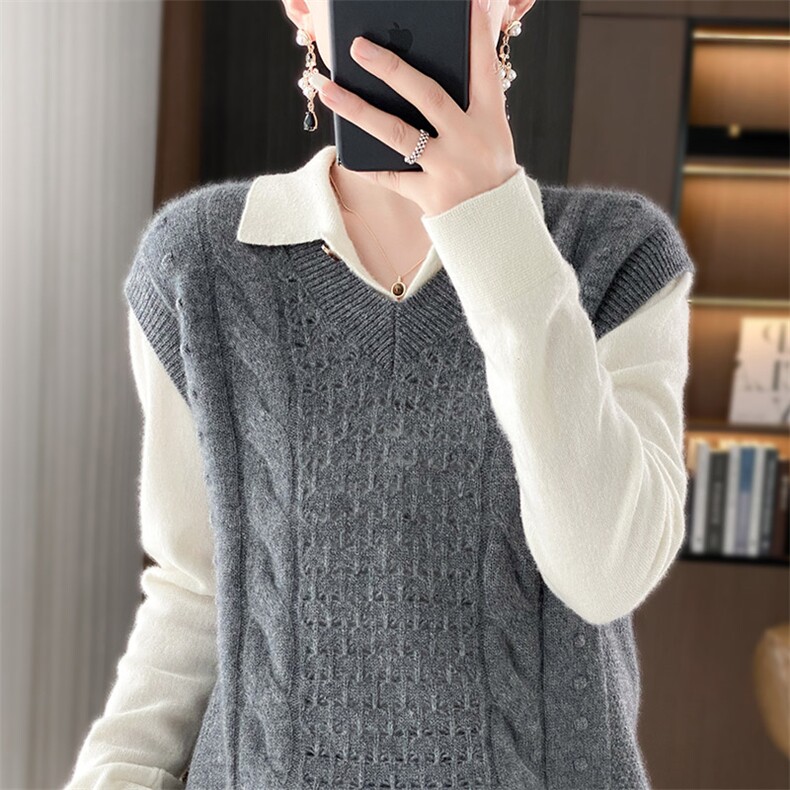 V领麻花纯色羊毛马甲女中长款2024秋冬新款宽松显瘦针织，女装马甲，琳华羊绒