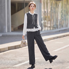 三件套女长裤居家纽扣长袖春季中高腰休闲2026年春季圆领开衫，女装套装/套裙，悦祺