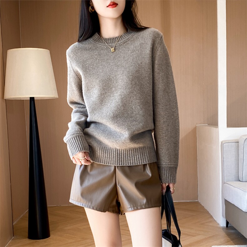 纯色女圆领套头毛衣宽松慵懒风加厚纯色打底羊毛衫，女装羊毛衫，盛鼎羊绒