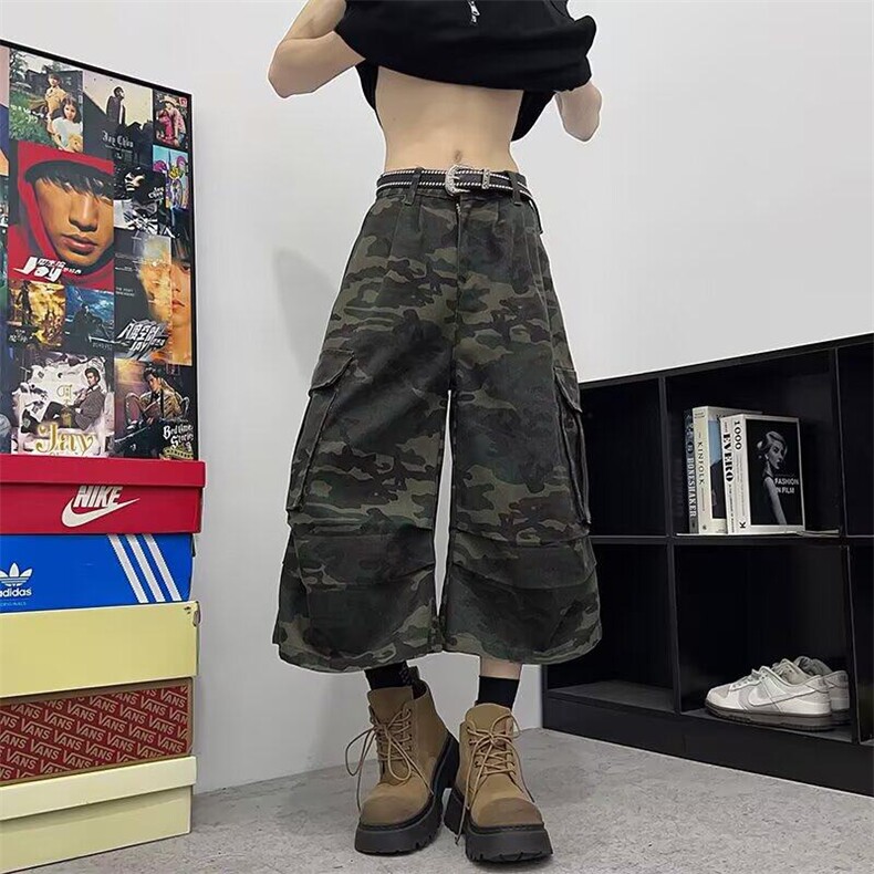 美式辣妹大口袋工装迷彩裤女夏季新款独特超好看宽松直筒七分裤子,男装牛仔裤,星座601-1
