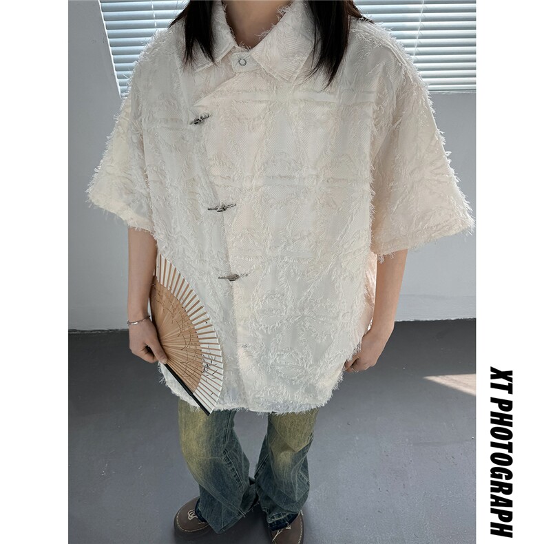 主推 新中式风毛边设计感小众五分袖衬衫女情侣上衣 D248 P48图片