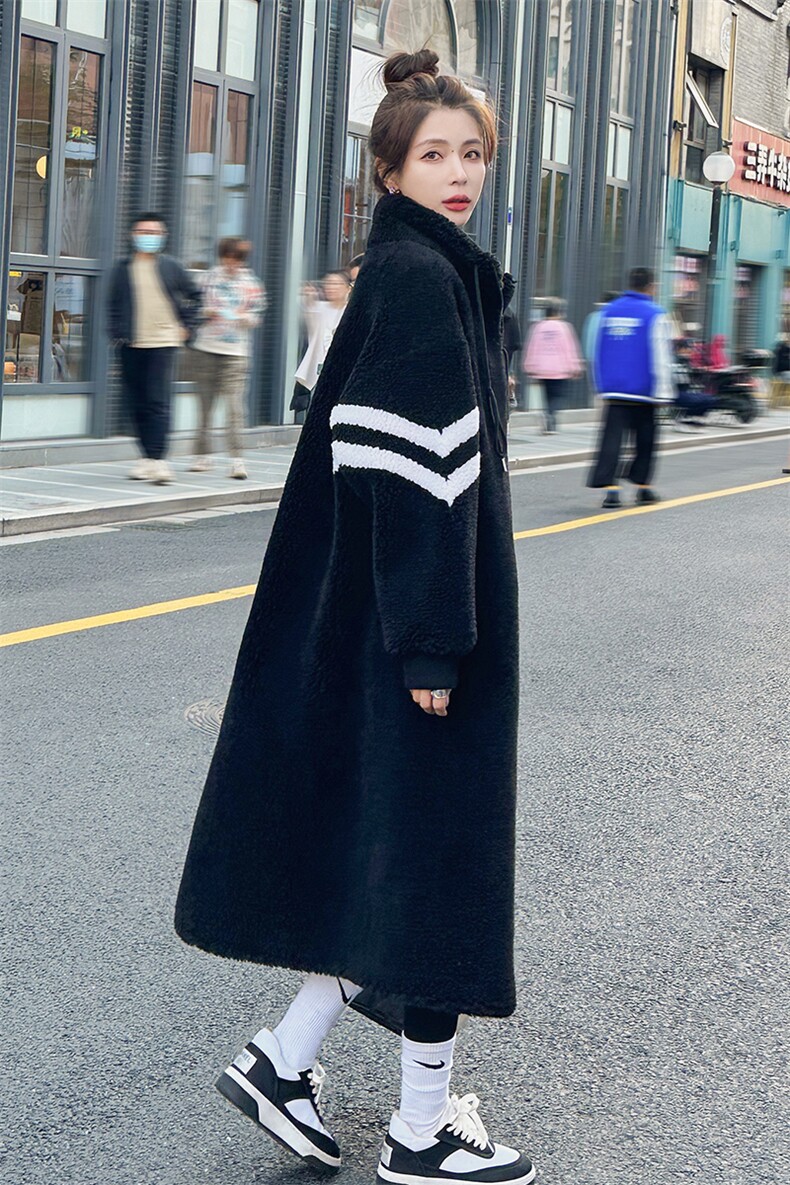 高级感炸街黑色皮毛一体羊羔毛外套女冬韩系中长款加厚颗粒绒大衣,女装羊羔毛/颗粒绒,菡迪欧娜