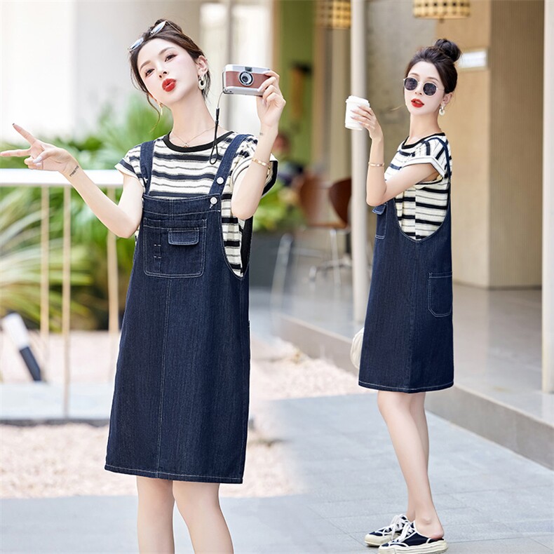 大货已出全棉条纹T恤+牛仔背带裤两件套套裙,女装套装/套裙,辰辰家