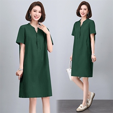 时尚显瘦棉麻立领连衣裙夏季新款宽松大码女装裙子，女装连衣裙，文熹诺