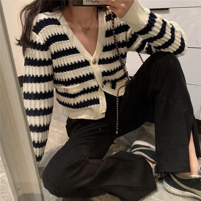 1337小香条纹开衫，女装，XTZ style