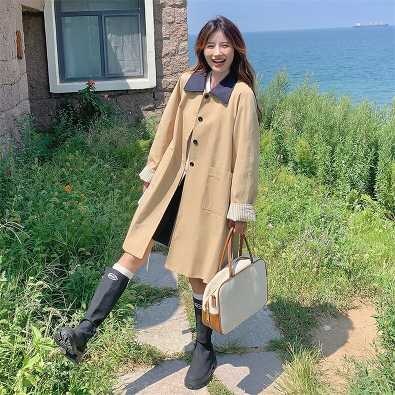 POLO领宽松型宽松风衣中长款纯色春秋英伦风短款百搭气质小个子,女装风衣,蝶眷