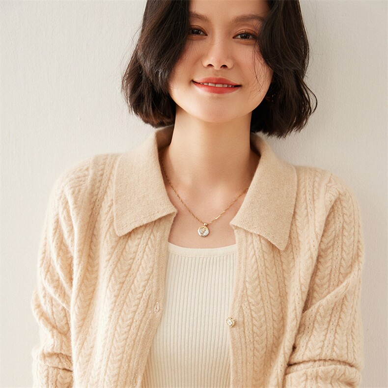 翻领新款秋季韩版宽松慵懒风针织35%羊绒衫,女装羊绒衫,七柒羊绒