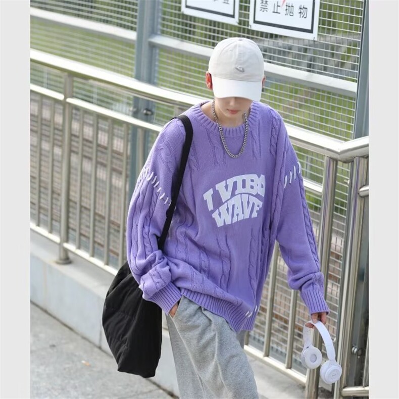 美式ins潮牌设计感拼接穿绳毛衣男女秋季宽松情侣针织衫MY640-p45图片