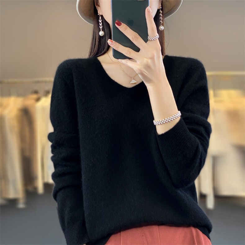 秋冬新款100纯羊毛衫女V领纯色扭花元宝针宽松套头羊绒针织打底衫,女装羊毛衫,鲁菏羊绒