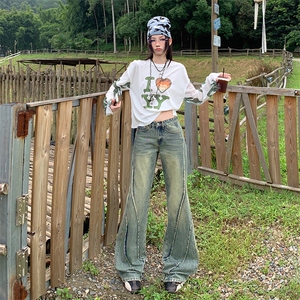 牛仔裤女春夏高腰直筒美式高街水洗黄泥色拼接微喇叭裤YD2121-P65图片