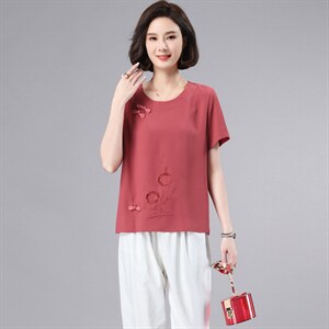 夏季刺绣短袖雪纺衫女2022年新款中年妈妈薄款小衫小个子复古上衣,女装蕾丝衫/雪纺衫,奕阳依阁