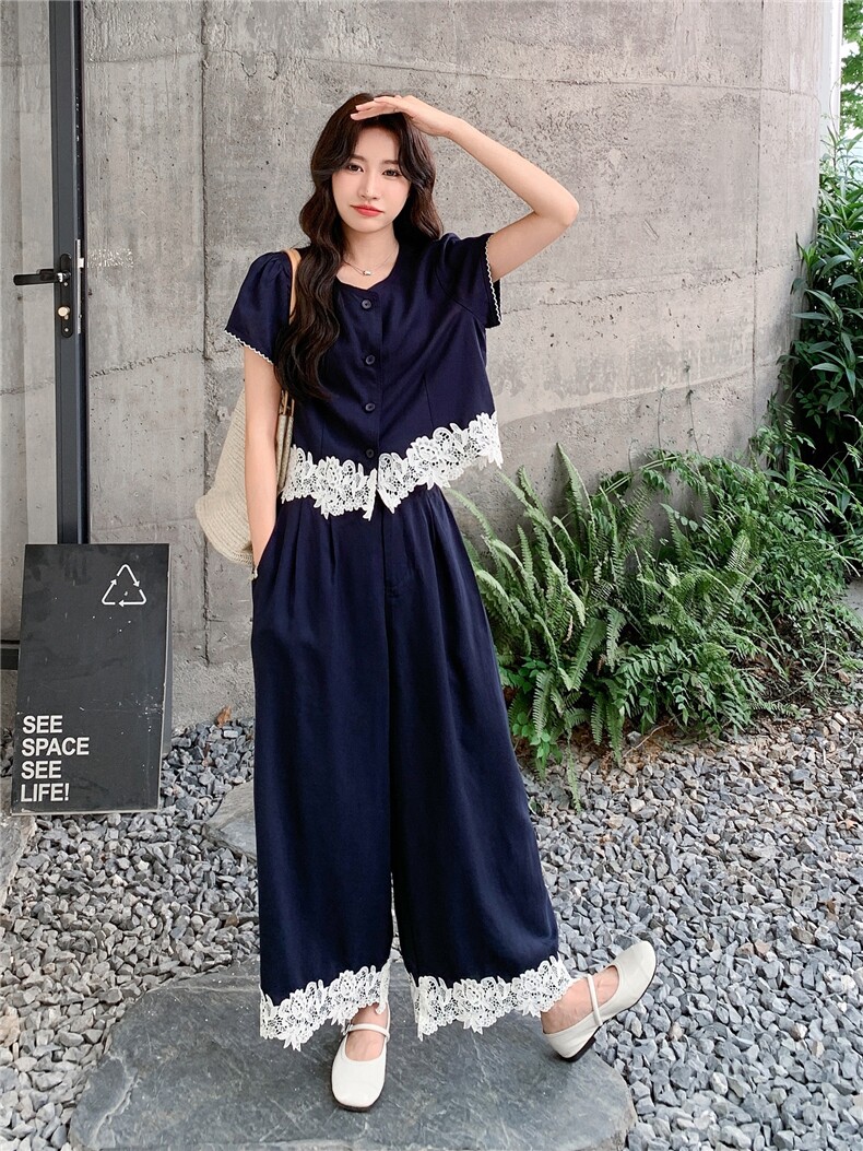 蕾丝拼接套装女夏韩里韩气漂亮设计上衣阔腿裤两件套,女装套装/套裙,浙宝290（原306）