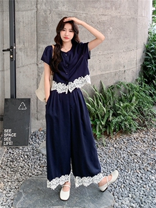 蕾丝拼接套装女夏韩里韩气漂亮设计上衣阔腿裤两件套图片