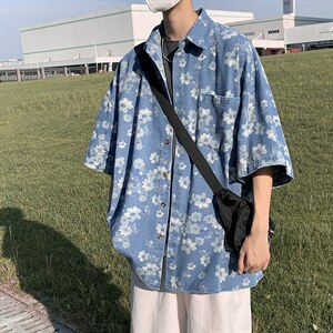 夏季新款复古做旧上衣情侣牛仔花朵衬衫男短袖衬衣 W3427-P50图片