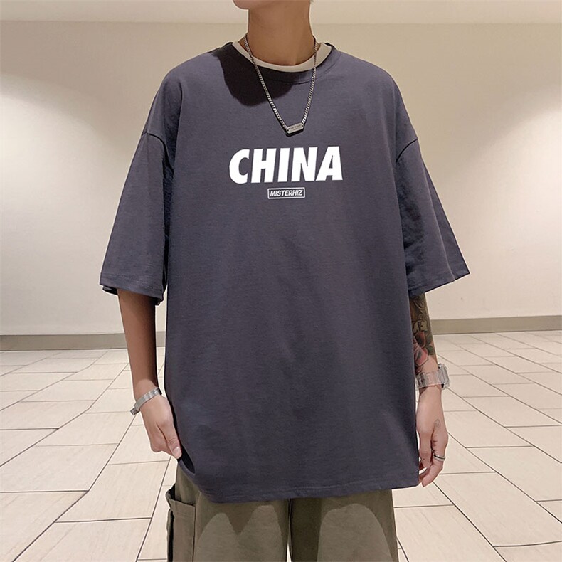 2024夏季新款宽松大码港风CHINA印花运动短袖纯棉T恤T1916-P22，男装T恤，星座508（原C305）
