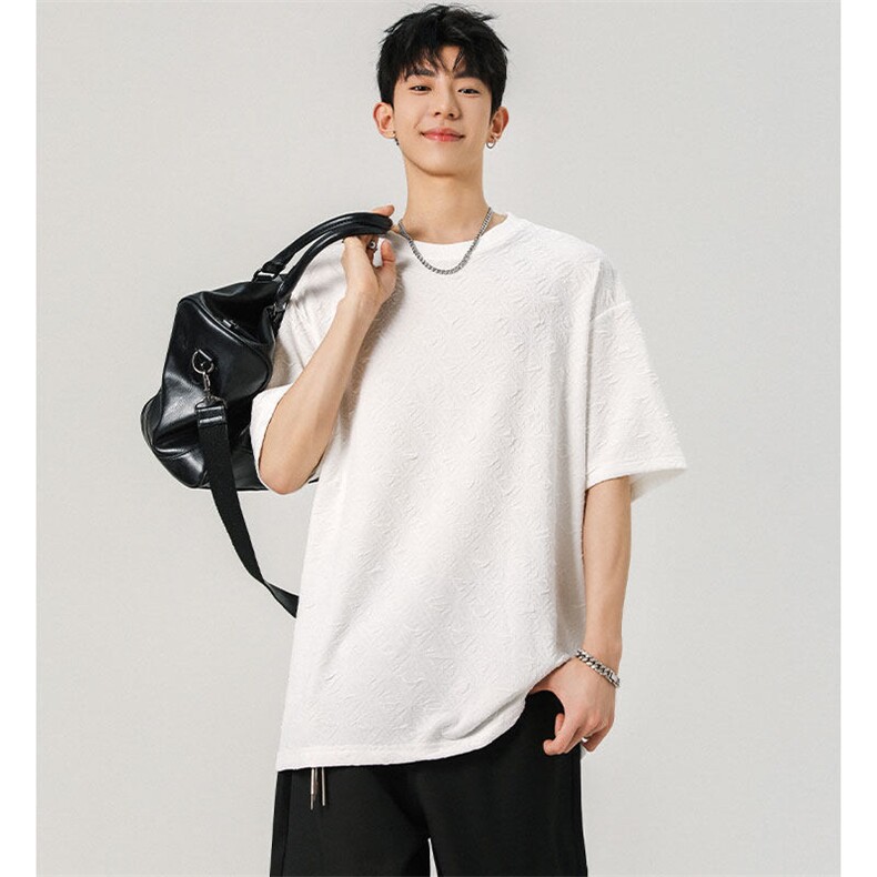 T10123-特批30控68小众提花肌理感高质量大码男百搭圆领短袖T恤,男装T恤,电商A059