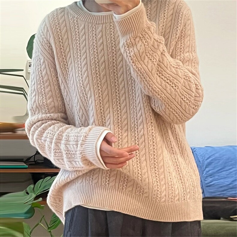 2025年秋季新款百搭女士圆领麻花加厚保暖套头羊毛衫,女装羊毛衫,新胜羊绒