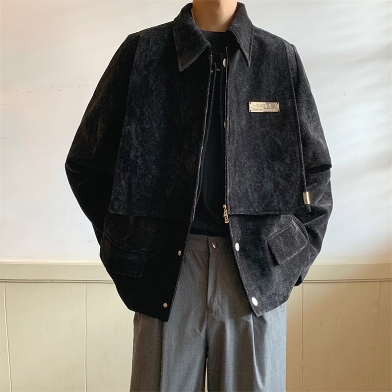 老钱风复古雪尼尔假两件夹克男痞帅宽松短款外套秋冬季HN61特P75图片