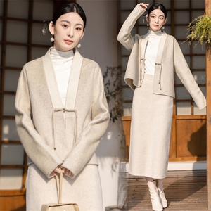 新中式国风改良汉服套装女春秋新款复古气质针织开衫半身裙两件套图片