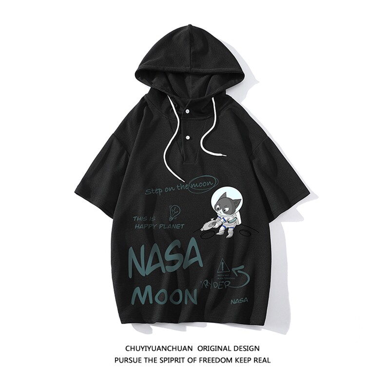 NASA连帽短袖t恤男大码胖子带帽五分袖中袖白底LD54187-P45,男装T恤,电商A040A