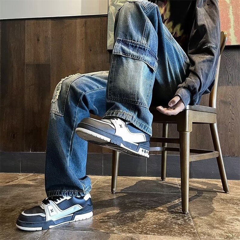 美式复古做旧水洗牛仔裤男休闲宽松百搭高街多口袋直筒裤~Nk808图片