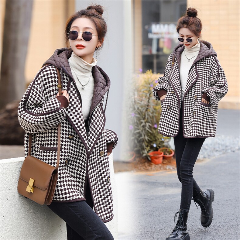 现货主推2024年冬季新款双排扣百搭休闲加棉格子连帽夹棉假两件，女装棉衣/棉服，霓裳依族