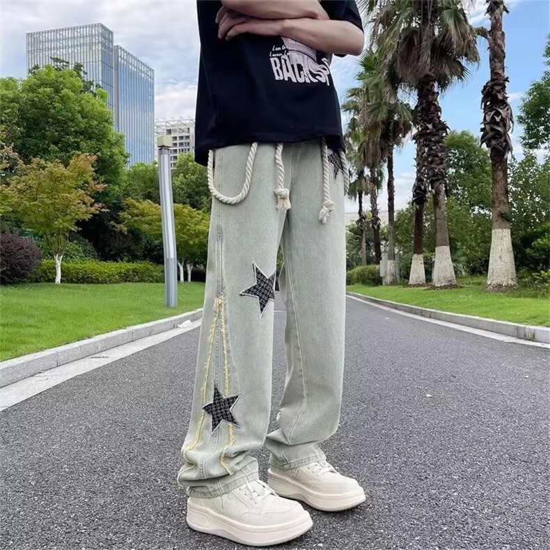 复古设计感星星牛仔裤男春秋款高街小众直筒阔腿裤子~NK6029-p50,男装牛仔裤,星座601-2