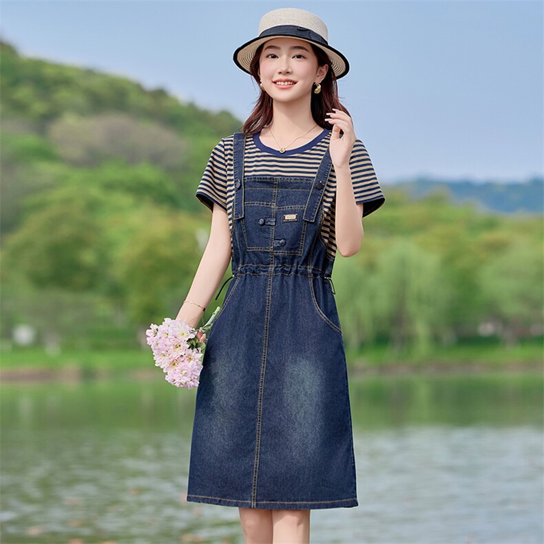 现货，夏季条纹假两件牛仔连衣裙,女装连衣裙,利佳可人