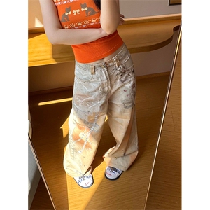 美式复古设计感链子印花牛仔裤女夏季橘子汽水多巴胺阔腿拖地长裤图片