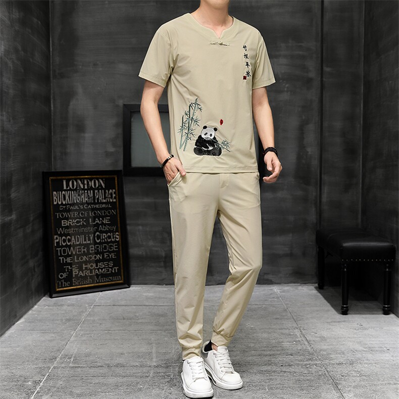 风刺绣短袖T恤套装男士大码宽松长裤男休闲复古潮HO15331-P58,男装休闲套装,星座1105-3