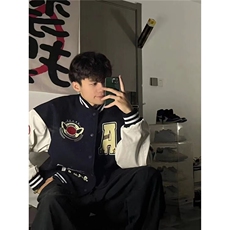 美式复古撞色棒球服外套男女宽松2026春秋情侣潮牌皮袖夹克，男装夹克，星座715-4