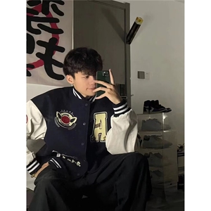 美式复古撞色棒球服外套男女宽松2026春秋情侣潮牌皮袖夹克图片