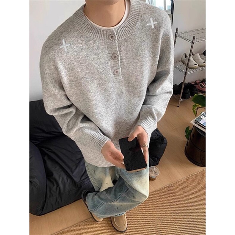 美式亨利领毛衣男款冬季高级感慵懒风针织衫内搭可外穿打底衫,男装T恤,星座410-7