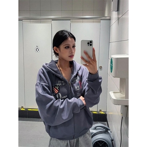 2025美式绿色连帽卫衣女秋新款毛巾绣加厚宽松开衫外套JK6013图片
