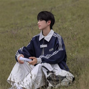 JK22-P48 美式三条杠翻领撞色卫衣外套男春秋季青少年学生图片