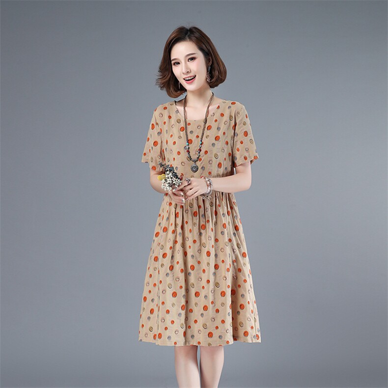 2021年夏季通勤韩版中长款A字裙圆领印花圆点套头40-49周岁裙子,女装连衣裙,伊满意