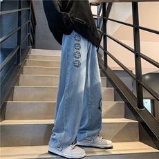 美式vibe风高街印花牛仔裤男宽松直筒阔腿裤潮牌老爹裤N1532-P45，男装牛仔裤，星座1008