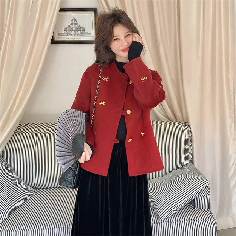 现货主推好数据秋刺绣马到成功红色双面羊毛呢外套p215-k328,女装毛呢外套,丝露怡语