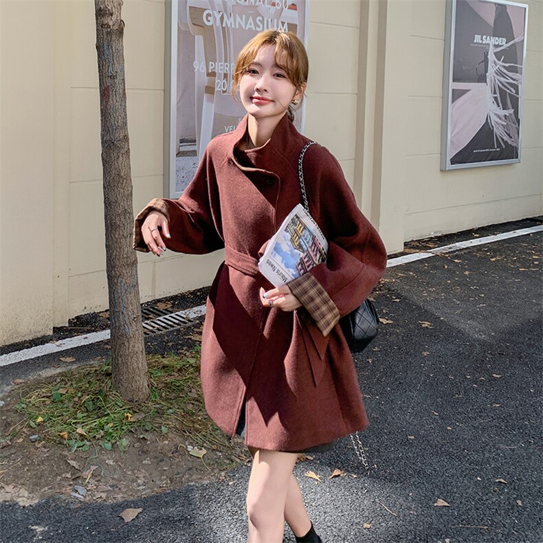 新款现货主推袖子拼色毛呢大衣9887-P175-K258,女装短外套,2C129