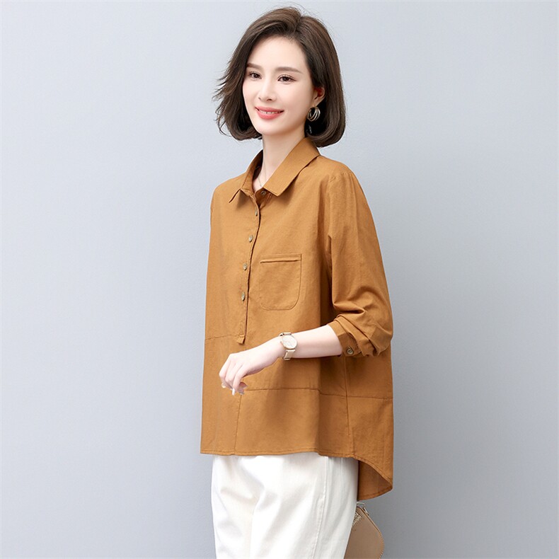 衬衫女长袖2023年新款大码宽松秋薄款纯色休闲棉麻衬衣,女装衬衫,涵誉
