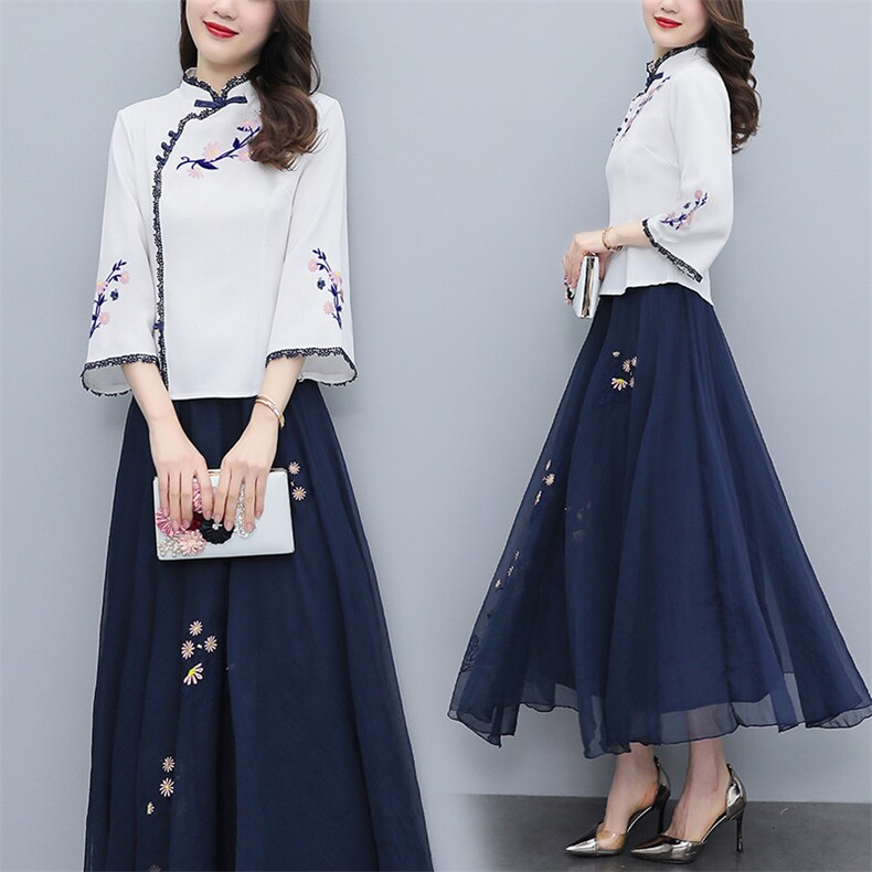 芷墨2022原创春季新款复古刺绣民族风套装时尚简约两件套装裙，女装套装/套裙，芷墨服饰