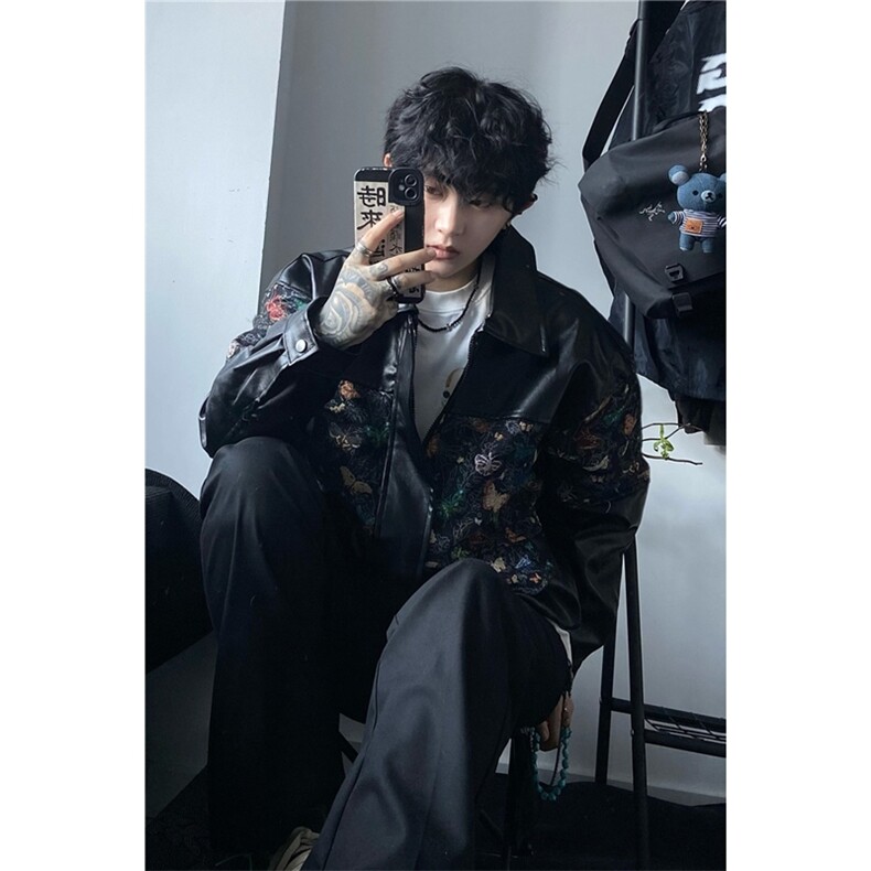 档口图现货秋季拼接PU皮夹克新中式提花小众皮衣PY603-P90,男装夹克,星座1213