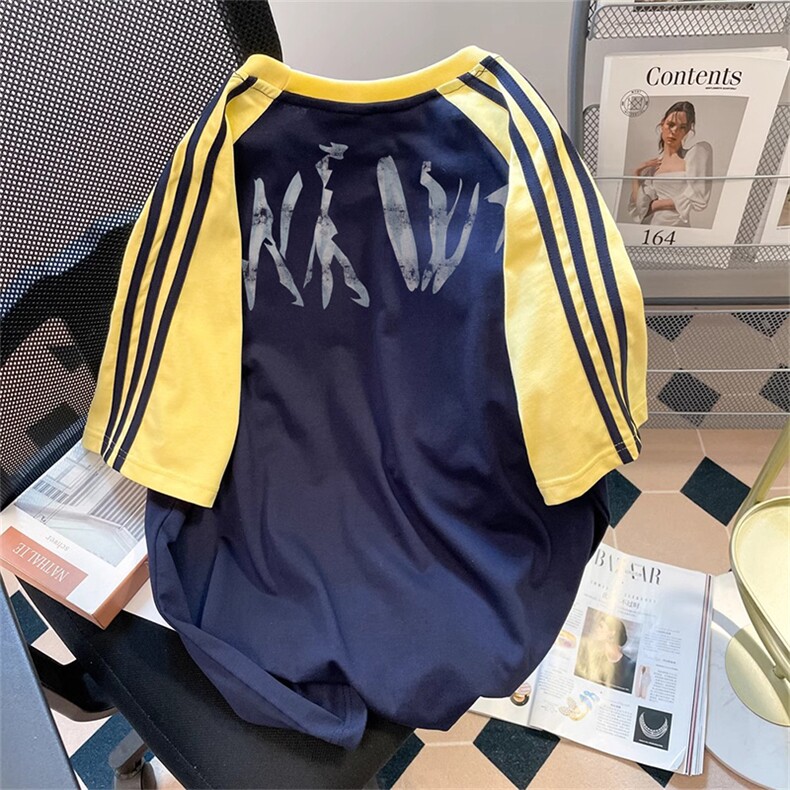 夏季美式高街重磅纯棉三条杠织带插肩撞色男女短袖T恤CZ91-特P25,男装T恤,电商A486