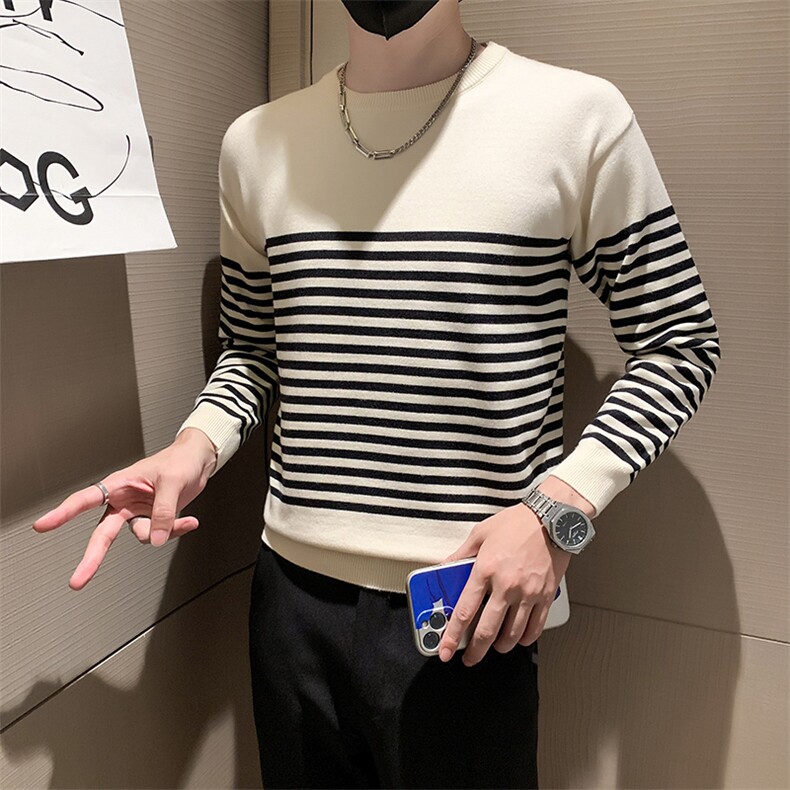 小伙风~2026秋季新款圆领套头条纹针织打底衫休闲外套M025/P55,男装T恤,电商B331
