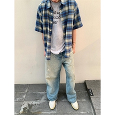 Vintage美式复古蓝色慵懒格子情侣衬衫男女夏季短袖宽松休闲外套，男装T恤，星座506A