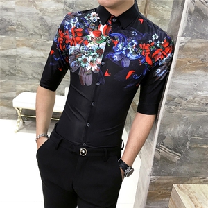 2021新款男士个性花衬衫修身七分袖夜店发型师衬衣工作服D449图片