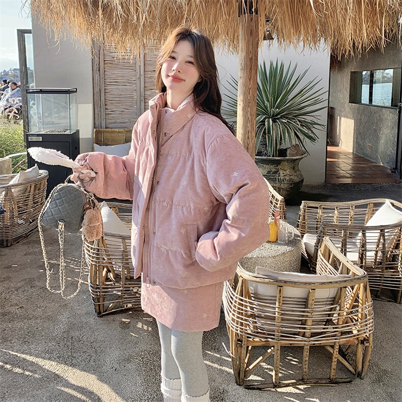 粉色超好看刺绣羽绒服套装女2025年冬季新款减龄保暖半身裙两件套,女装套装/套裙,2C305