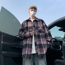 格子衬衫男长袖春夏宽松复古风上衣百搭痞帅内搭衬衣外套C52/P48，男装衬衫，星座506