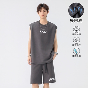 特批P65无差价夏季曼巴棉潮流无袖坎肩背心大码两件套装男TZ5356,男生搭配衣服百搭色图片